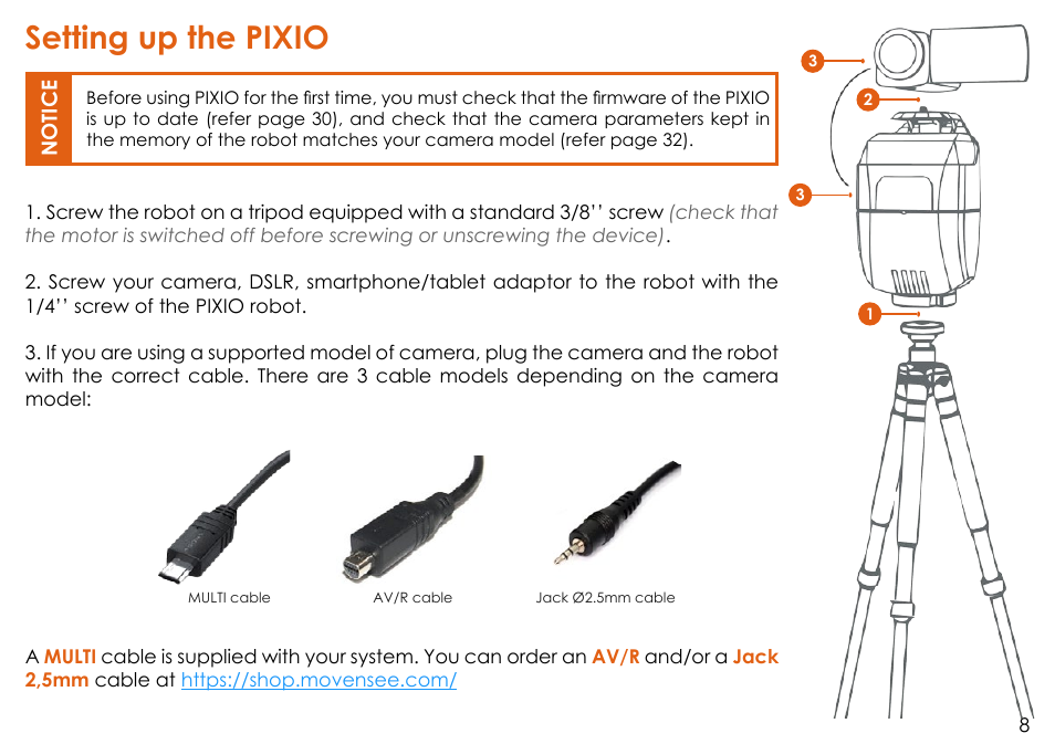 Setting up the pixio | MOVE'N SEE Personal Auto-Follow System User Manual | Page 8 / 49