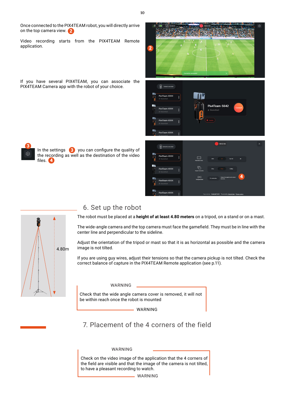 Set up the robot, Placement of the 4 corners of the field | MOVE'N SEE Pix4Team 2 Auto-Follow Camera User Manual | Page 10 / 27