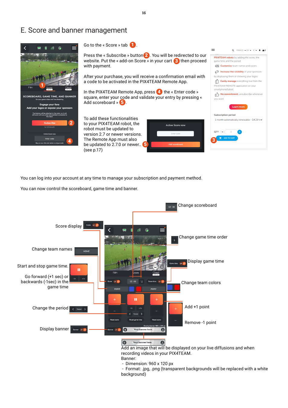 E. score and banner management | MOVE'N SEE Pix4Team 2 Auto-Follow Camera User Manual | Page 16 / 27