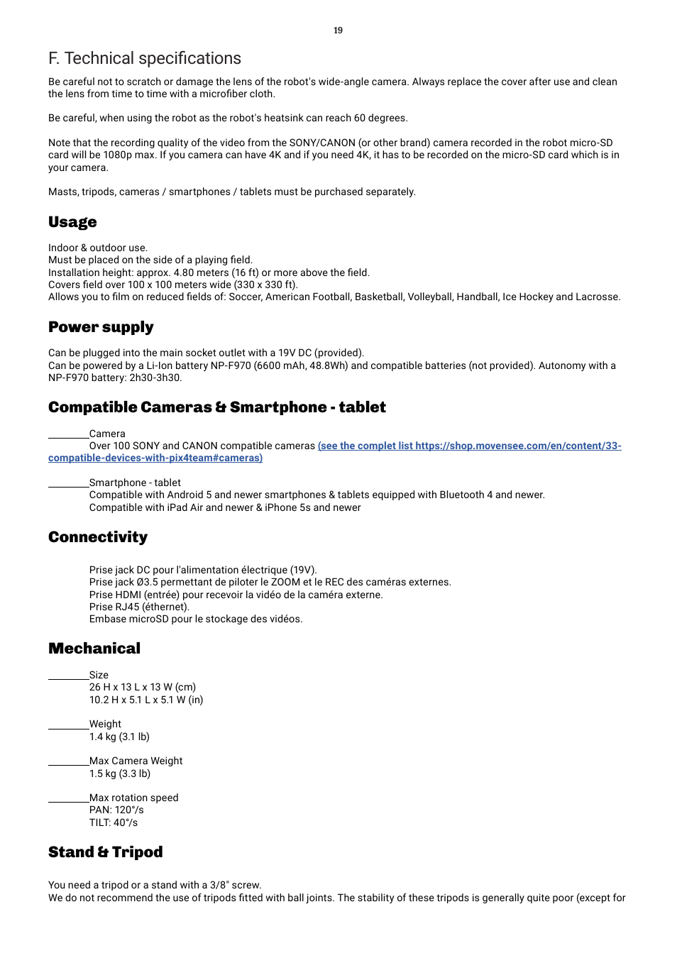 F. technical specifications, Usage, Power supply | Compatible cameras & smartphone - tablet, Connectivity, Mechanical, Stand & tripod | MOVE'N SEE Pix4Team 2 Auto-Follow Camera User Manual | Page 19 / 27
