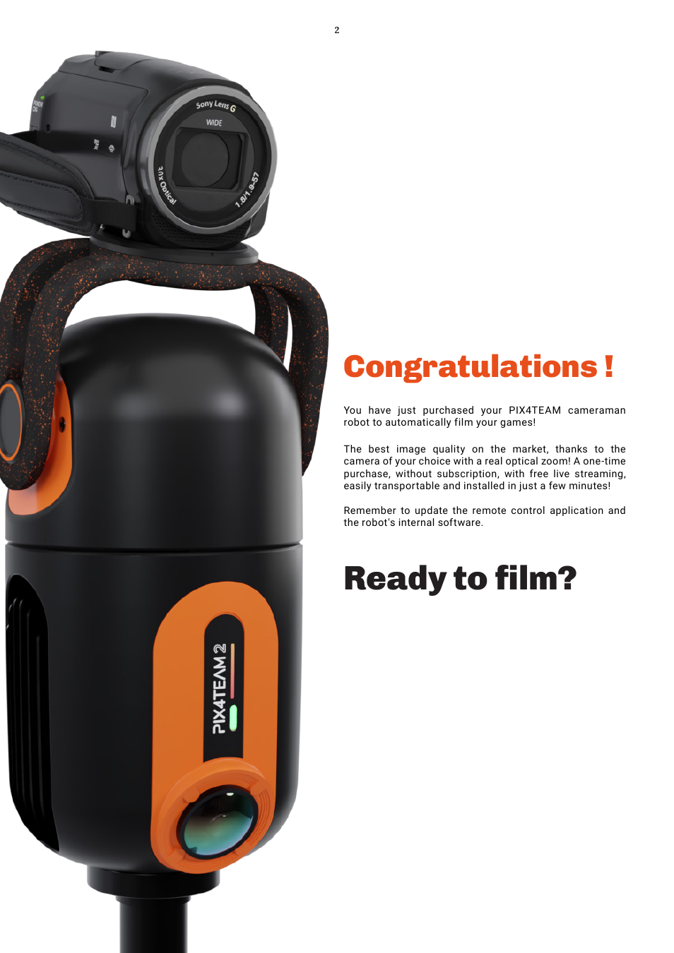 Ready to film | MOVE'N SEE Pix4Team 2 Auto-Follow Camera User Manual | Page 2 / 27