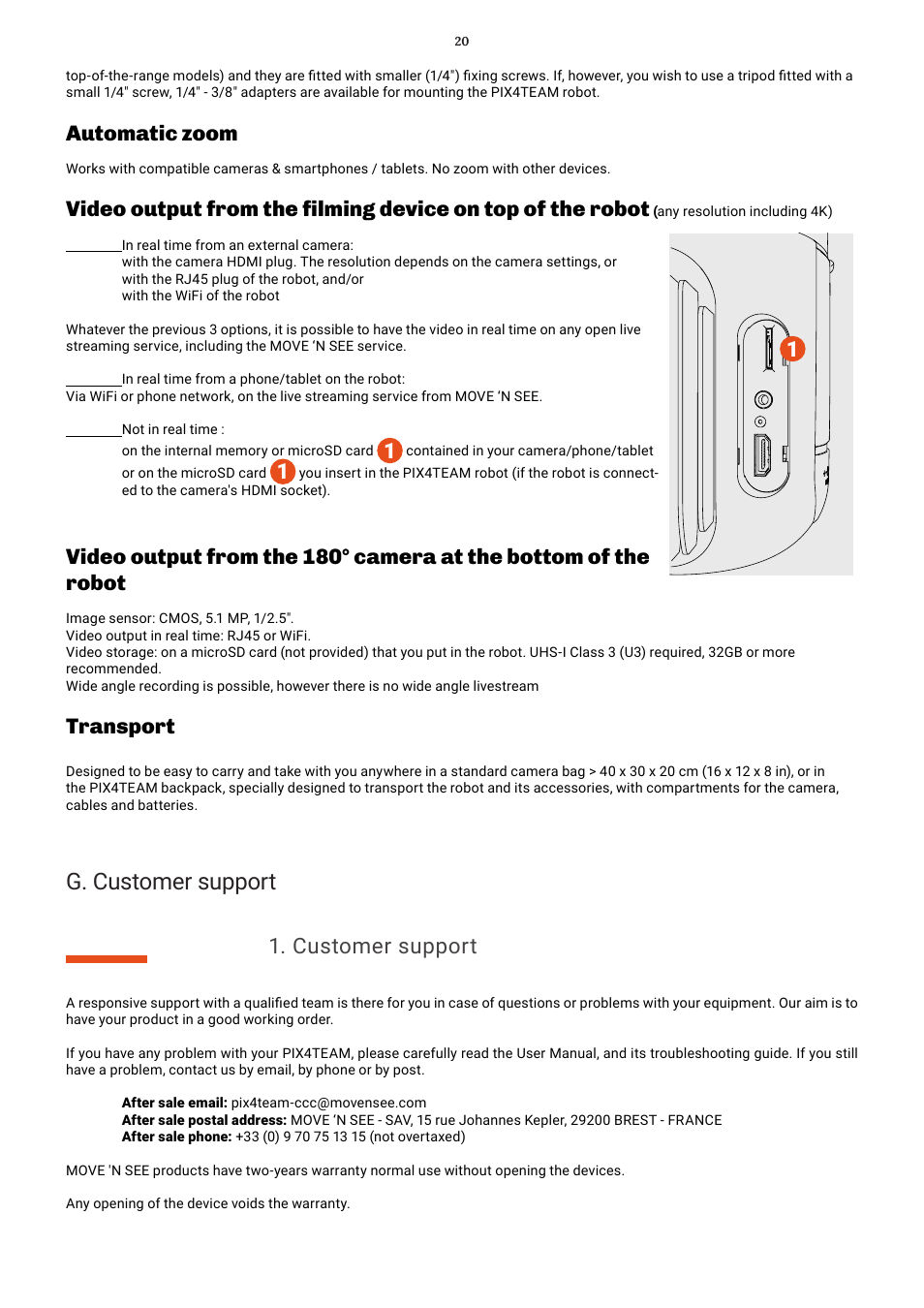 G. customer support, Customer support, Automatic zoom | Transport | MOVE'N SEE Pix4Team 2 Auto-Follow Camera User Manual | Page 20 / 27