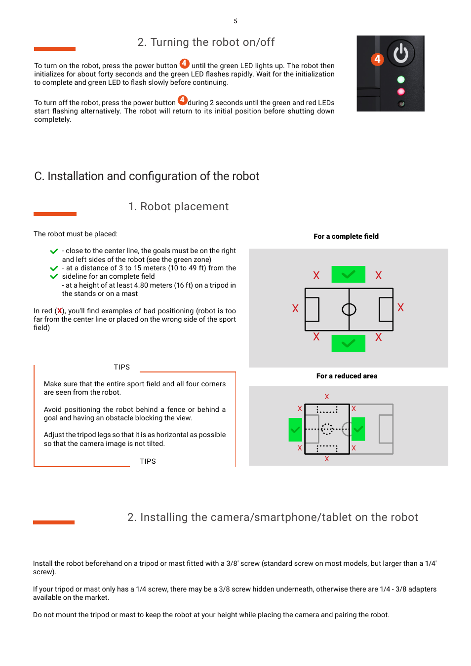 C. installation and configuration of the robot, Robot placement, Turning the robot on/off | MOVE'N SEE Pix4Team 2 Auto-Follow Camera User Manual | Page 5 / 27