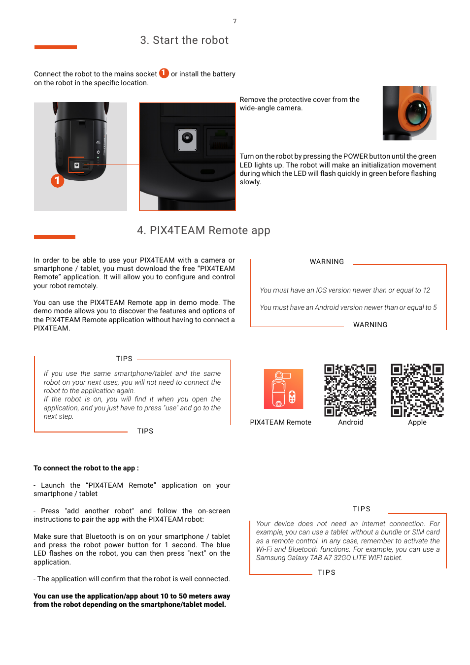 Start the robot, Pix4team remote app | MOVE'N SEE Pix4Team 2 Auto-Follow Camera User Manual | Page 7 / 27