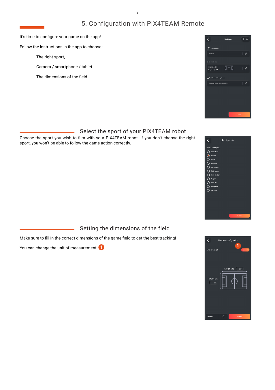 Configuration with pix4team remote, Select the sport of your pix4team robot, Setting the dimensions of the field | MOVE'N SEE Pix4Team 2 Auto-Follow Camera User Manual | Page 8 / 27