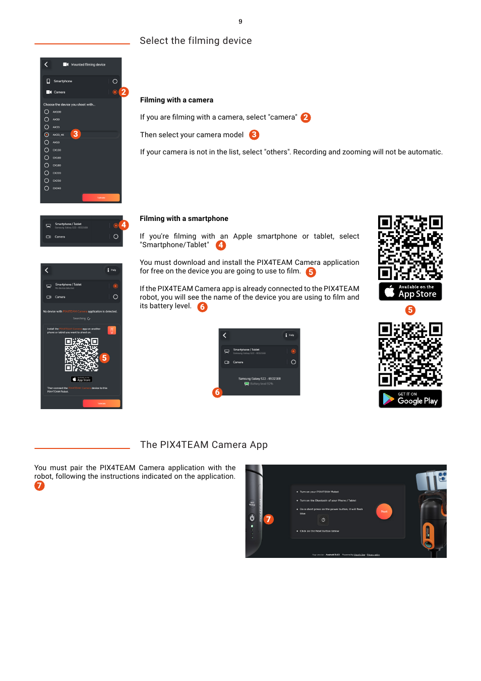 Select the filming device, The pix4team camera app | MOVE'N SEE Pix4Team 2 Auto-Follow Camera User Manual | Page 9 / 27