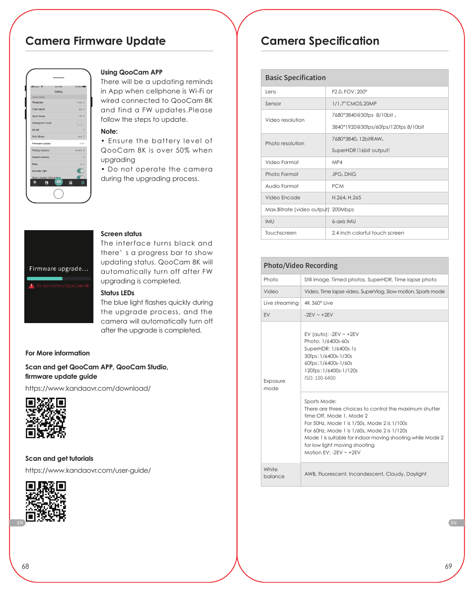 Camera specification, Camera firmware update | Kandao QooCam 8K Enterprise 360 Camera User Manual | Page 12 / 13