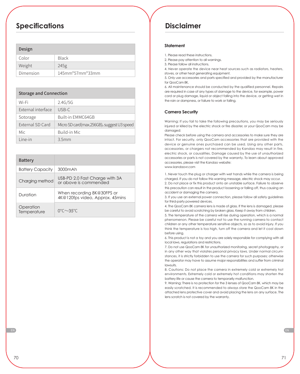 Disclaimer, Specifications | Kandao QooCam 8K Enterprise 360 Camera User Manual | Page 13 / 13