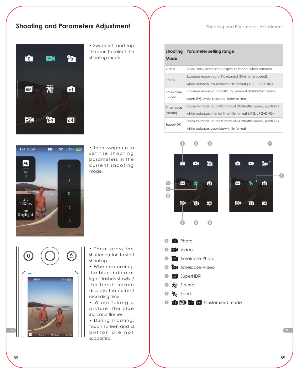 Shooting and parameters adjustment | Kandao QooCam 8K Enterprise 360 Camera User Manual | Page 7 / 13