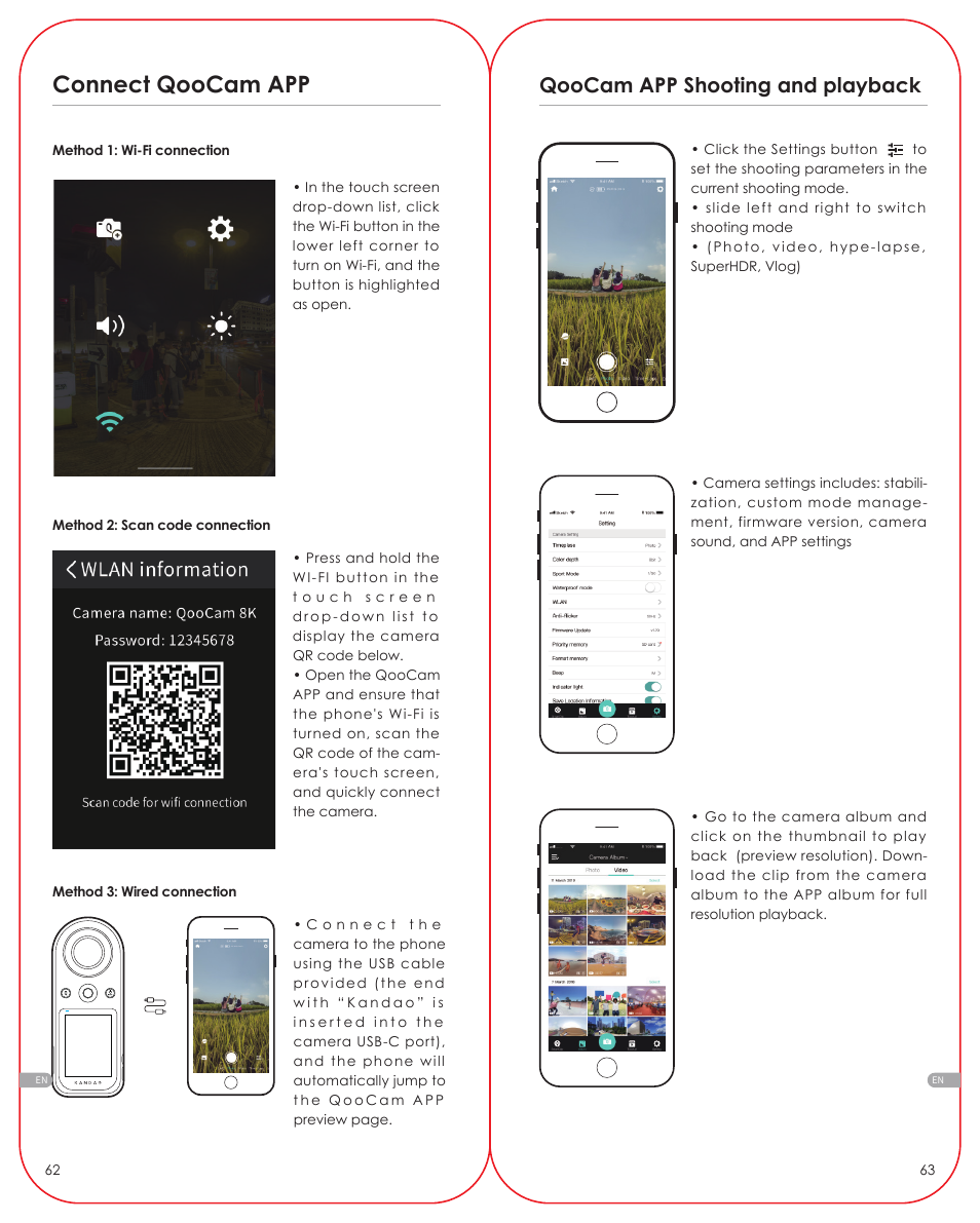 Connect qoocam app, Qoocam app shooting and playback | Kandao QooCam 8K Enterprise 360 Camera User Manual | Page 9 / 13