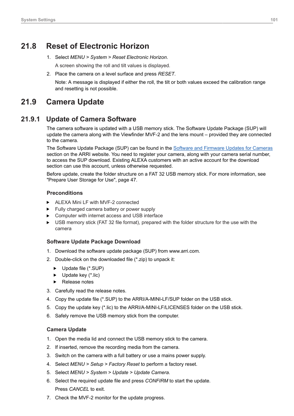 8 reset of electronic horizon, 9 camera update, 1 update of camera software | Reset of electronic horizon, Camera update, Update of camera software | ARRI ALEXA Mini LF Ready to Shoot V-Mount Set (LPL) User Manual | Page 101 / 136