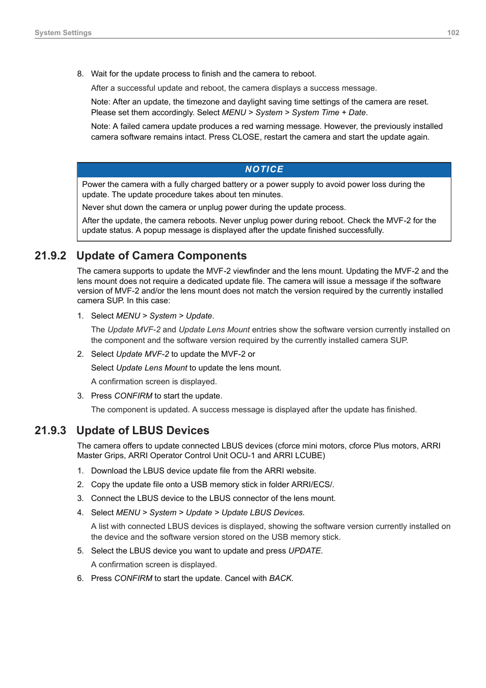 2 update of camera components, 3 update of lbus devices, Update of camera components | Update of lbus devices | ARRI ALEXA Mini LF Ready to Shoot V-Mount Set (LPL) User Manual | Page 102 / 136