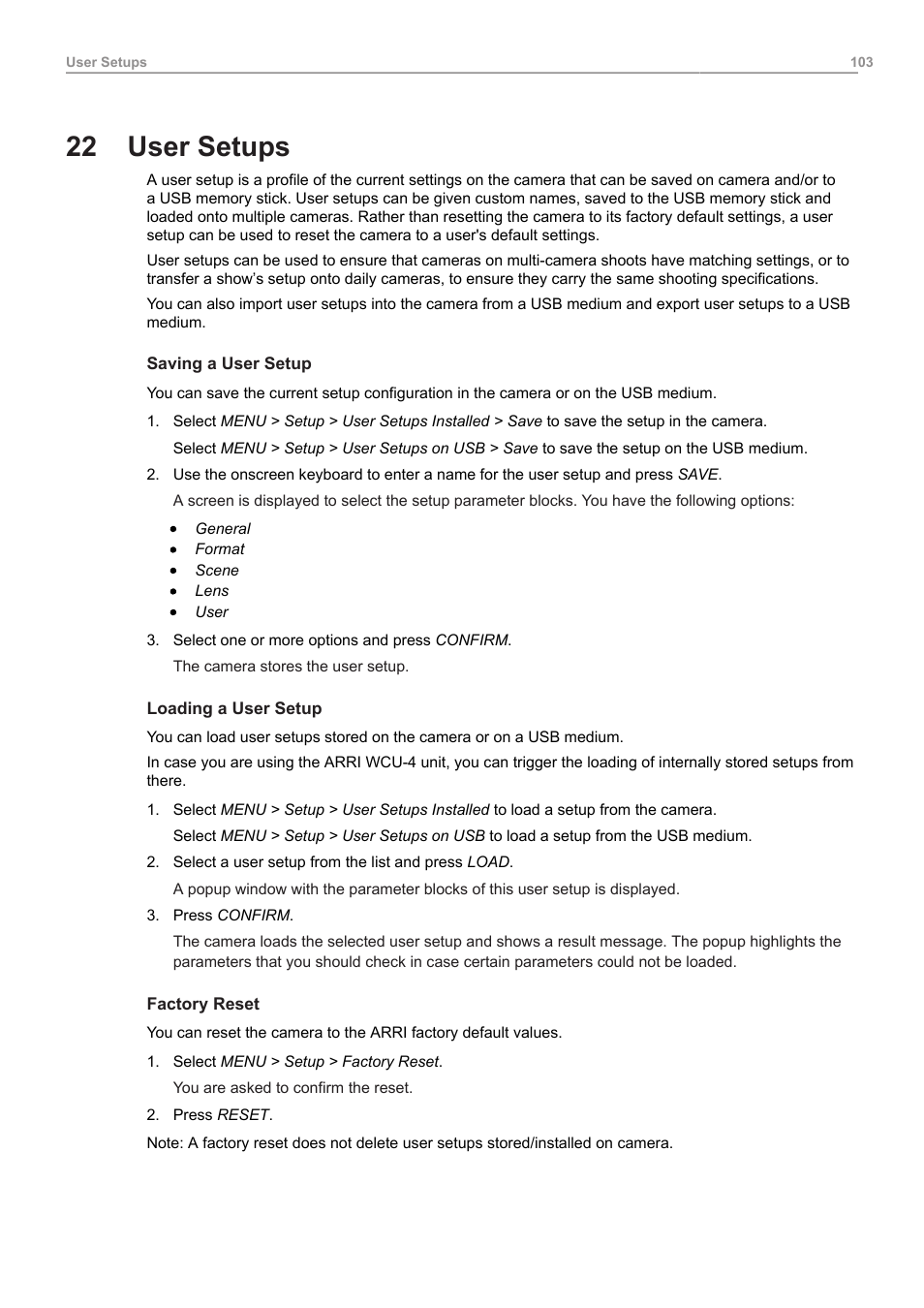 22 user setups, User setups | ARRI ALEXA Mini LF Ready to Shoot V-Mount Set (LPL) User Manual | Page 103 / 136