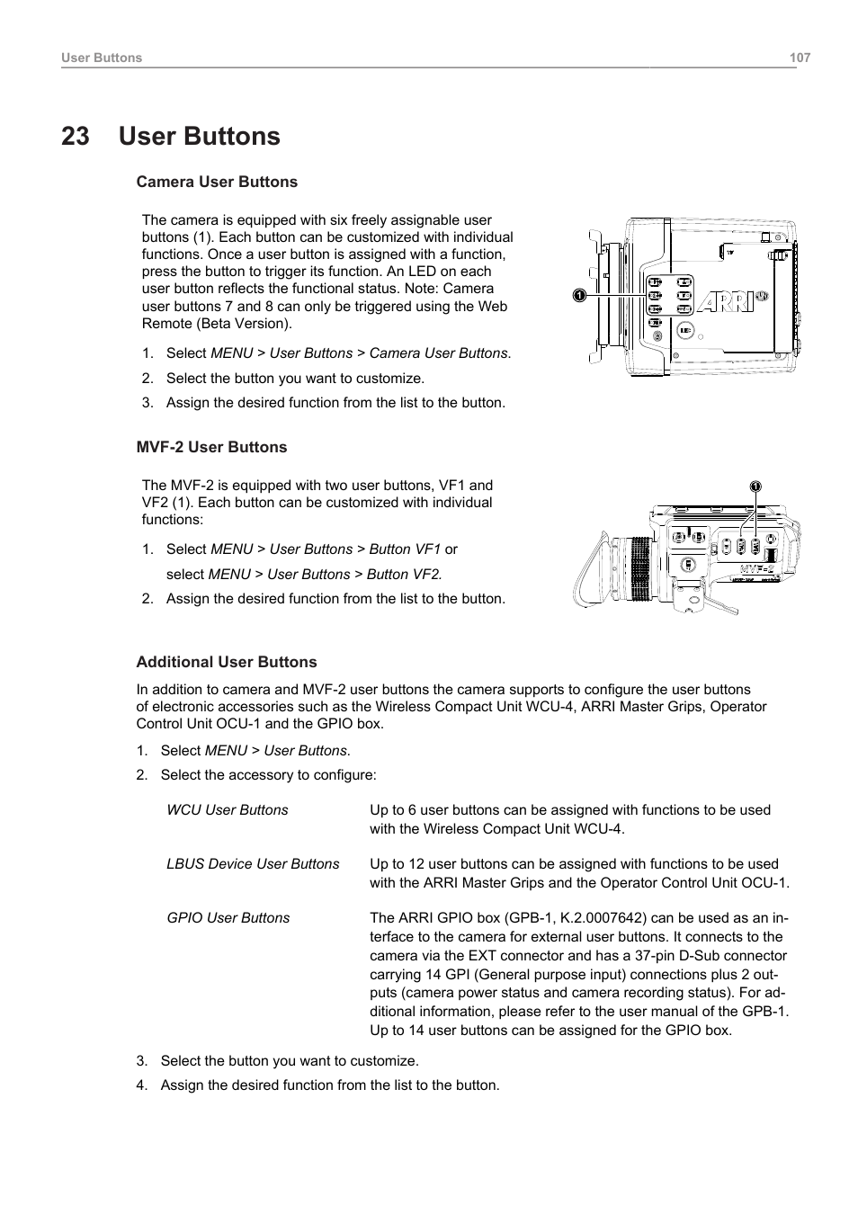 23 user buttons, User buttons, User button assigned with playback | ARRI ALEXA Mini LF Ready to Shoot V-Mount Set (LPL) User Manual | Page 107 / 136