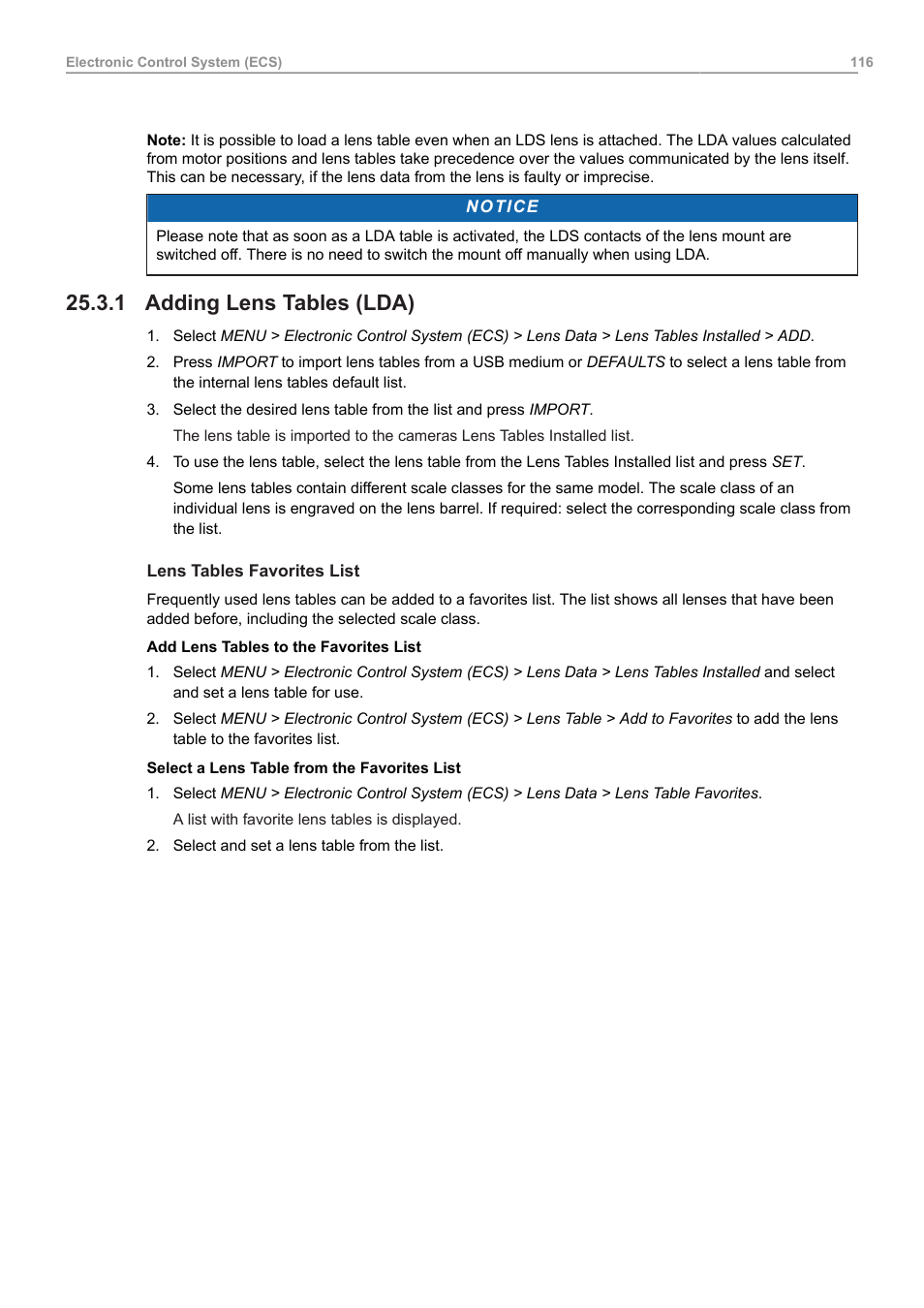 1 adding lens tables (lda), Adding lens tables (lda) | ARRI ALEXA Mini LF Ready to Shoot V-Mount Set (LPL) User Manual | Page 116 / 136