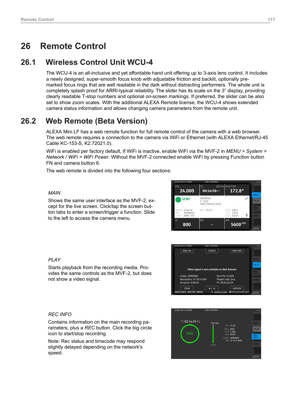 26 remote control, 1 wireless control unit wcu-4, 2 web remote (beta version) | Remote control, Wireless control unit wcu-4, Web remote (beta version) | ARRI ALEXA Mini LF Ready to Shoot V-Mount Set (LPL) User Manual | Page 117 / 136