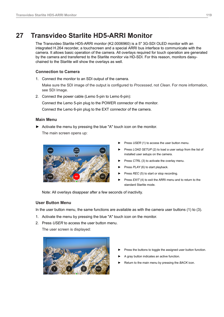 27 transvideo starlite hd5-arri monitor, Transvideo starlite hd5-arri monitor, Connection to camera | Main menu, User button menu | ARRI ALEXA Mini LF Ready to Shoot V-Mount Set (LPL) User Manual | Page 119 / 136