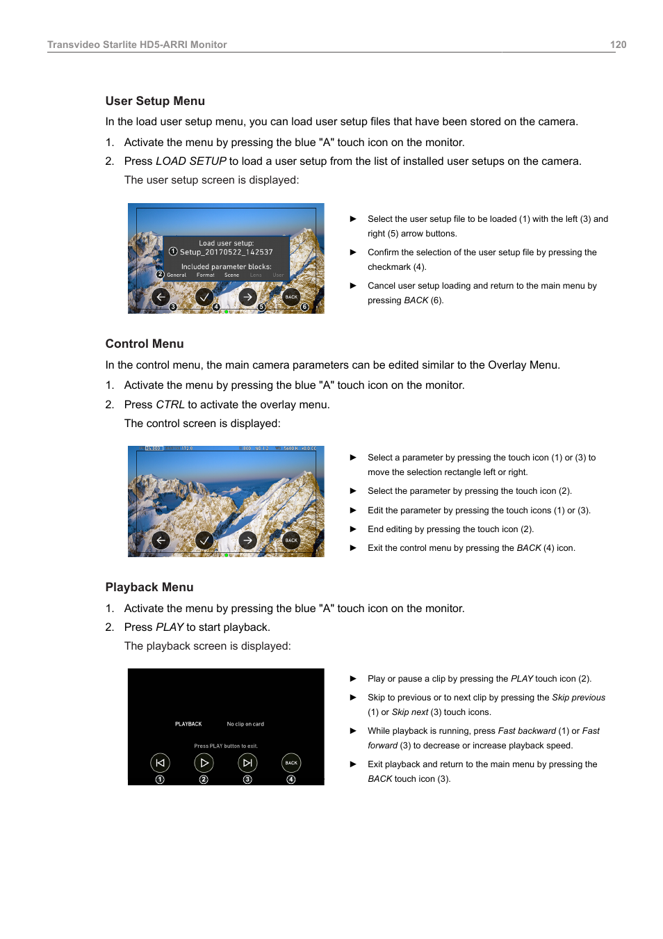 User setup menu, Control menu, Playback menu | ARRI ALEXA Mini LF Ready to Shoot V-Mount Set (LPL) User Manual | Page 120 / 136