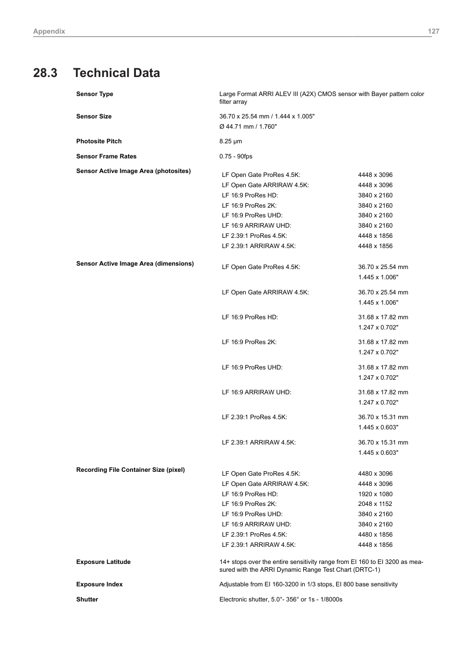 3 technical data, Technical data | ARRI ALEXA Mini LF Ready to Shoot V-Mount Set (LPL) User Manual | Page 127 / 136