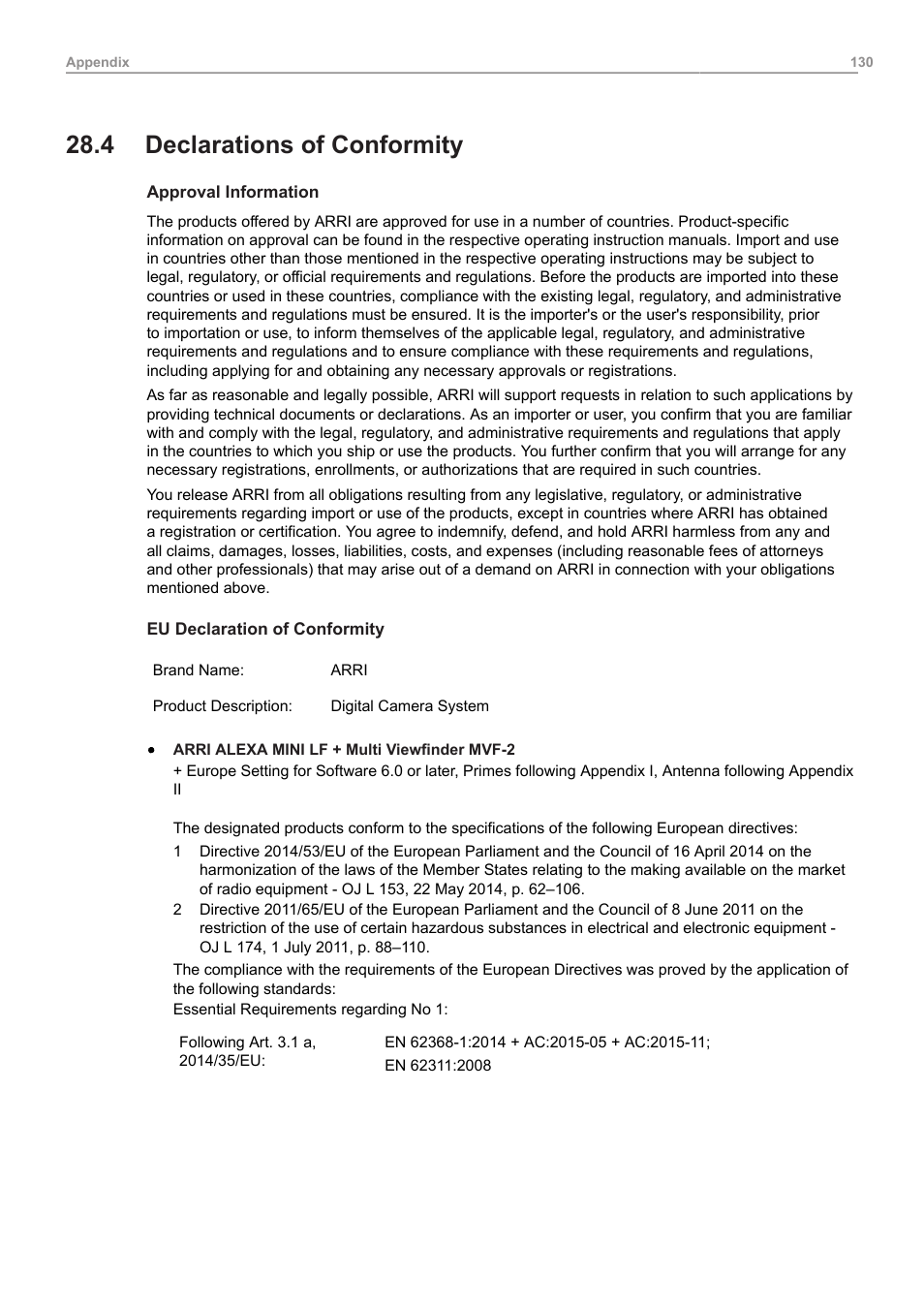 4 declarations of conformity, Declarations of conformity | ARRI ALEXA Mini LF Ready to Shoot V-Mount Set (LPL) User Manual | Page 130 / 136