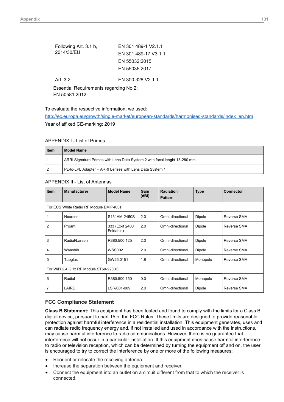 Fcc compliance statement | ARRI ALEXA Mini LF Ready to Shoot V-Mount Set (LPL) User Manual | Page 131 / 136