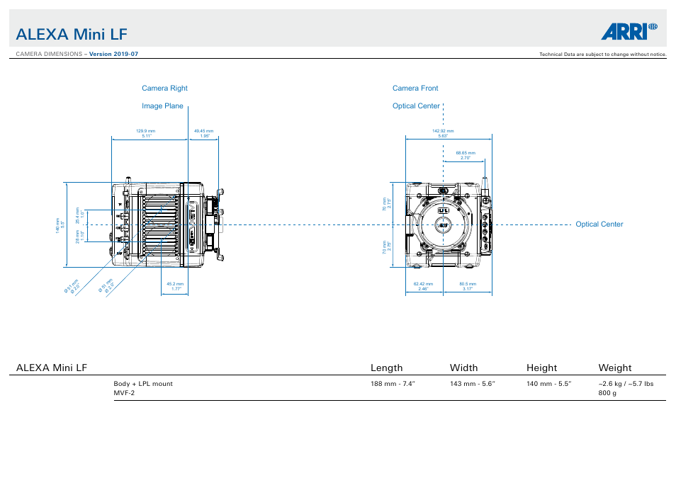 Alexa mini lf, Alexa mini lf length width height weight | ARRI ALEXA Mini LF Ready to Shoot V-Mount Set (LPL) User Manual | Page 135 / 136