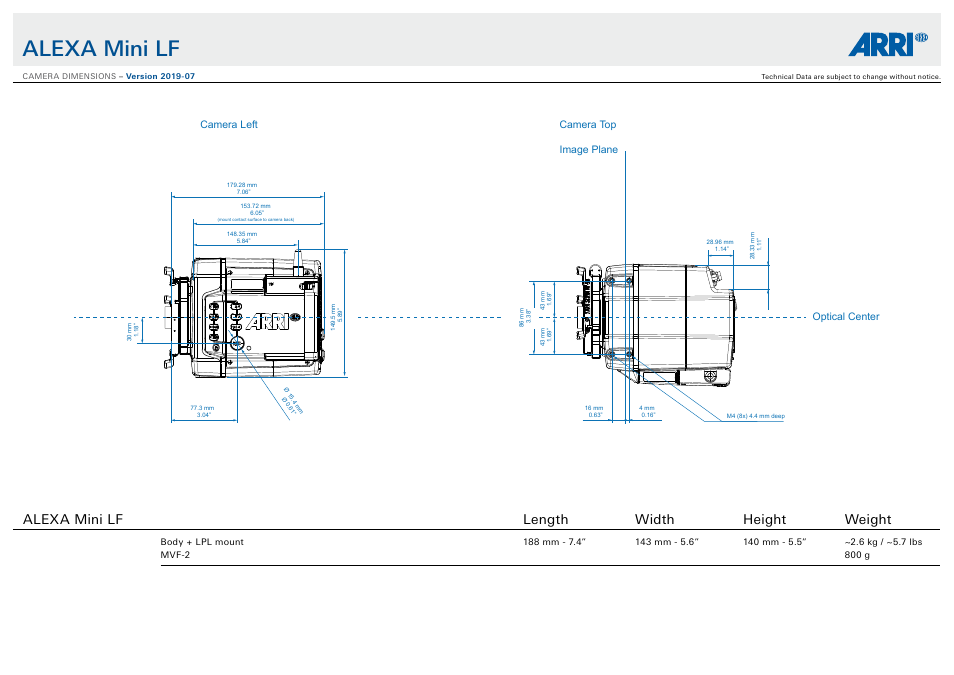 Alexa mini lf, Alexa mini lf length width height weight | ARRI ALEXA Mini LF Ready to Shoot V-Mount Set (LPL) User Manual | Page 136 / 136