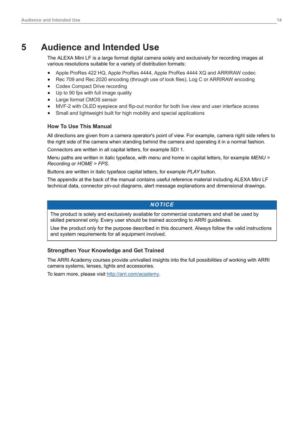 5 audience and intended use, Audience and intended use, 5audience and intended use | ARRI ALEXA Mini LF Ready to Shoot V-Mount Set (LPL) User Manual | Page 14 / 136