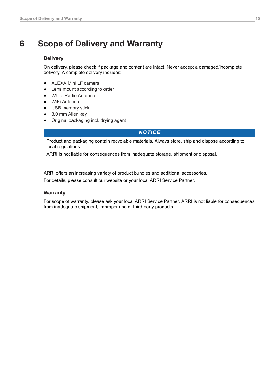 6 scope of delivery and warranty, Scope of delivery and warranty, 6scope of delivery and warranty | ARRI ALEXA Mini LF Ready to Shoot V-Mount Set (LPL) User Manual | Page 15 / 136