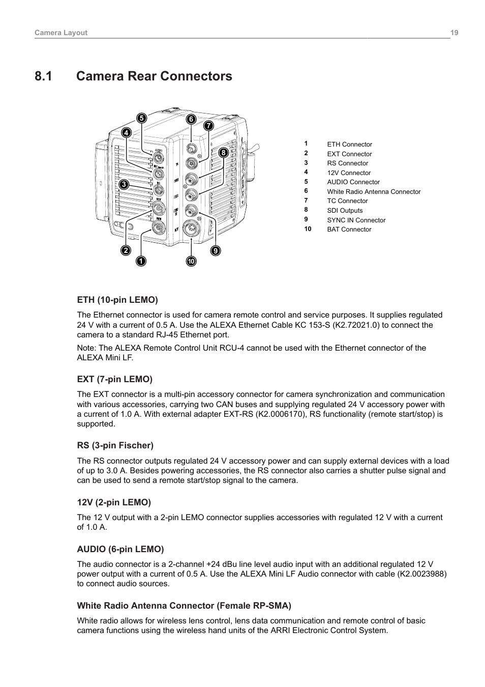 1 camera rear connectors, Camera rear connectors | ARRI ALEXA Mini LF Ready to Shoot V-Mount Set (LPL) User Manual | Page 19 / 136