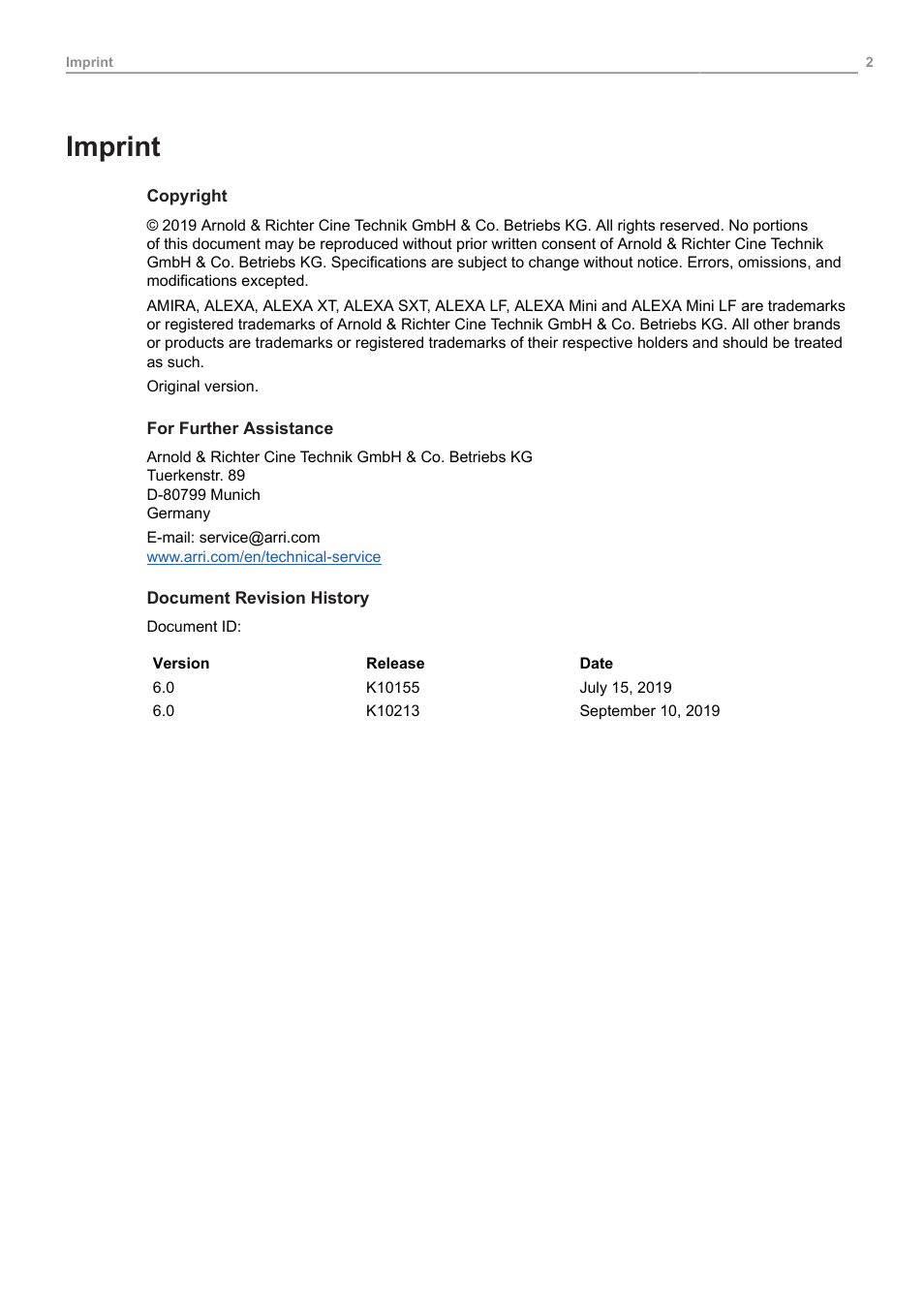 Imprint | ARRI ALEXA Mini LF Ready to Shoot V-Mount Set (LPL) User Manual | Page 2 / 136