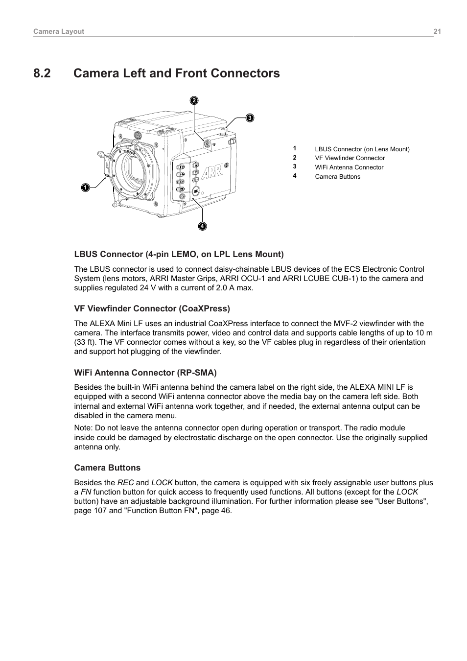 2 camera left and front connectors, Camera left and front connectors | ARRI ALEXA Mini LF Ready to Shoot V-Mount Set (LPL) User Manual | Page 21 / 136