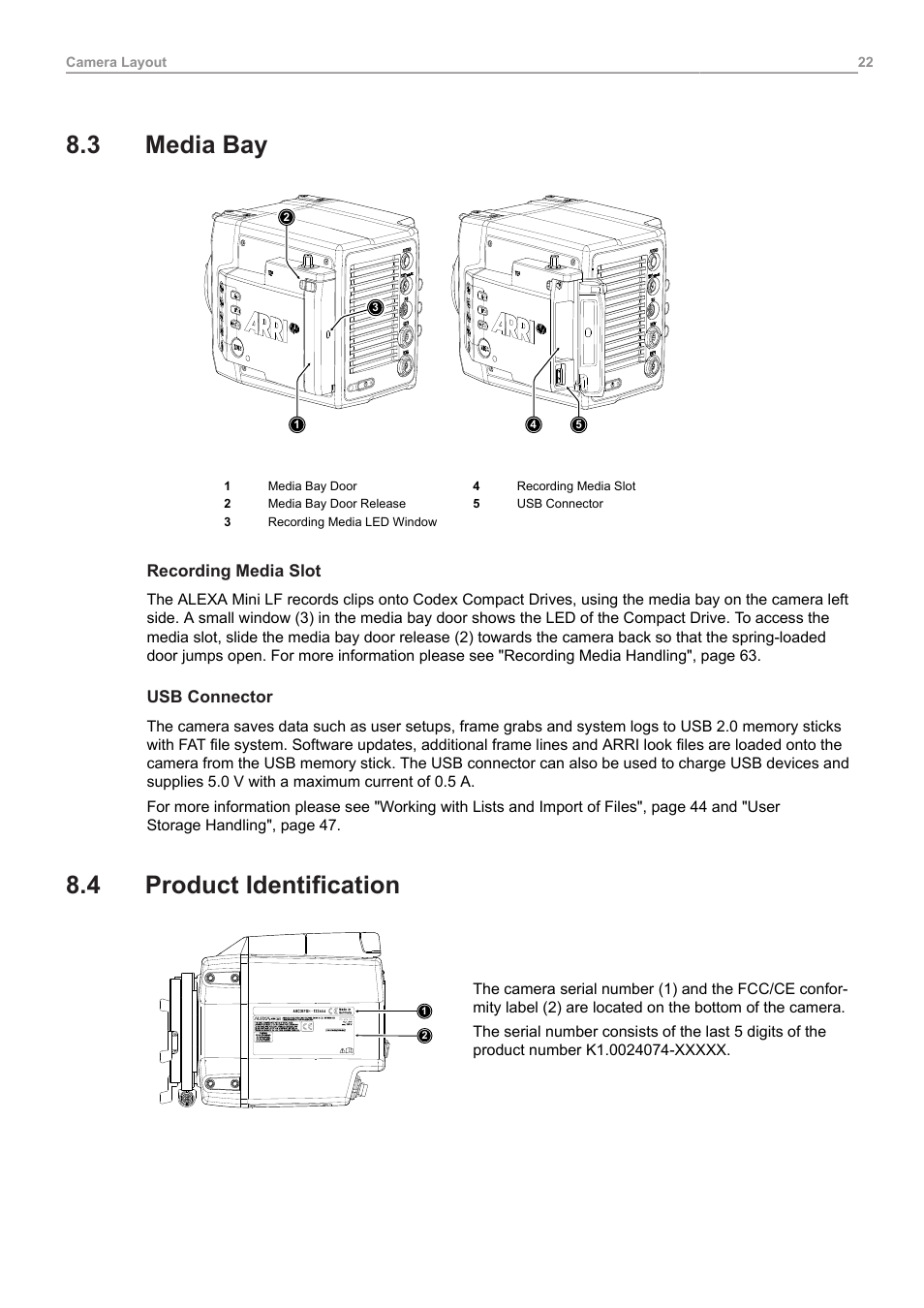 3 media bay, 4 product identification, Media bay | Product identification | ARRI ALEXA Mini LF Ready to Shoot V-Mount Set (LPL) User Manual | Page 22 / 136