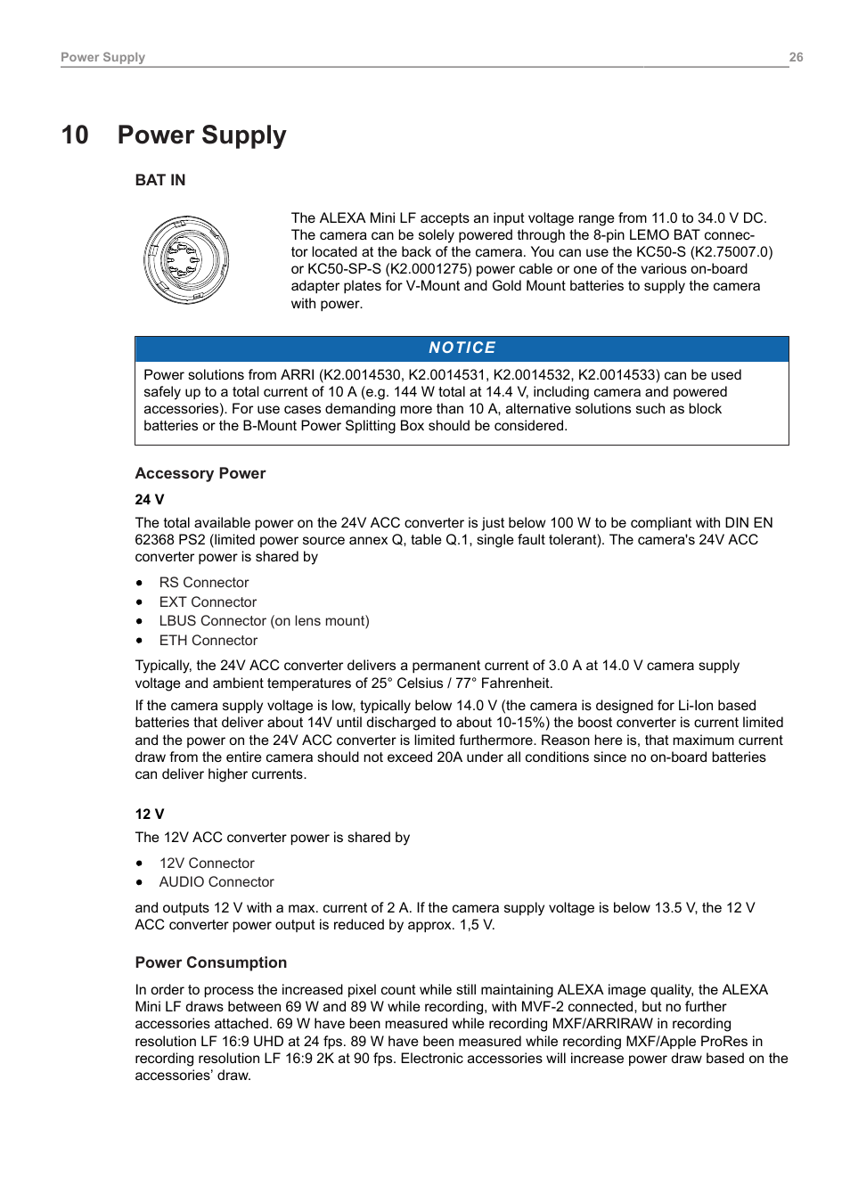 10 power supply, Power supply | ARRI ALEXA Mini LF Ready to Shoot V-Mount Set (LPL) User Manual | Page 26 / 136