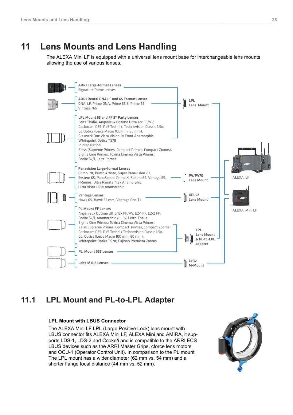 11 lens mounts and lens handling, 1 lpl mount and pl-to-lpl adapter, Lens mounts and lens handling | Lpl mount and pl-to-lpl adapter | ARRI ALEXA Mini LF Ready to Shoot V-Mount Set (LPL) User Manual | Page 28 / 136