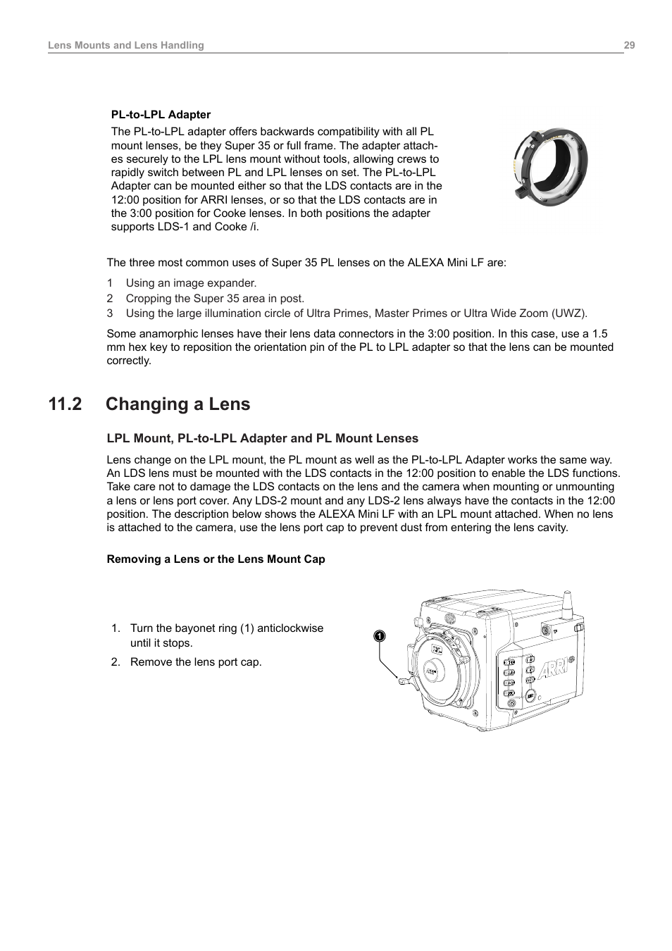 2 changing a lens, Changing a lens | ARRI ALEXA Mini LF Ready to Shoot V-Mount Set (LPL) User Manual | Page 29 / 136