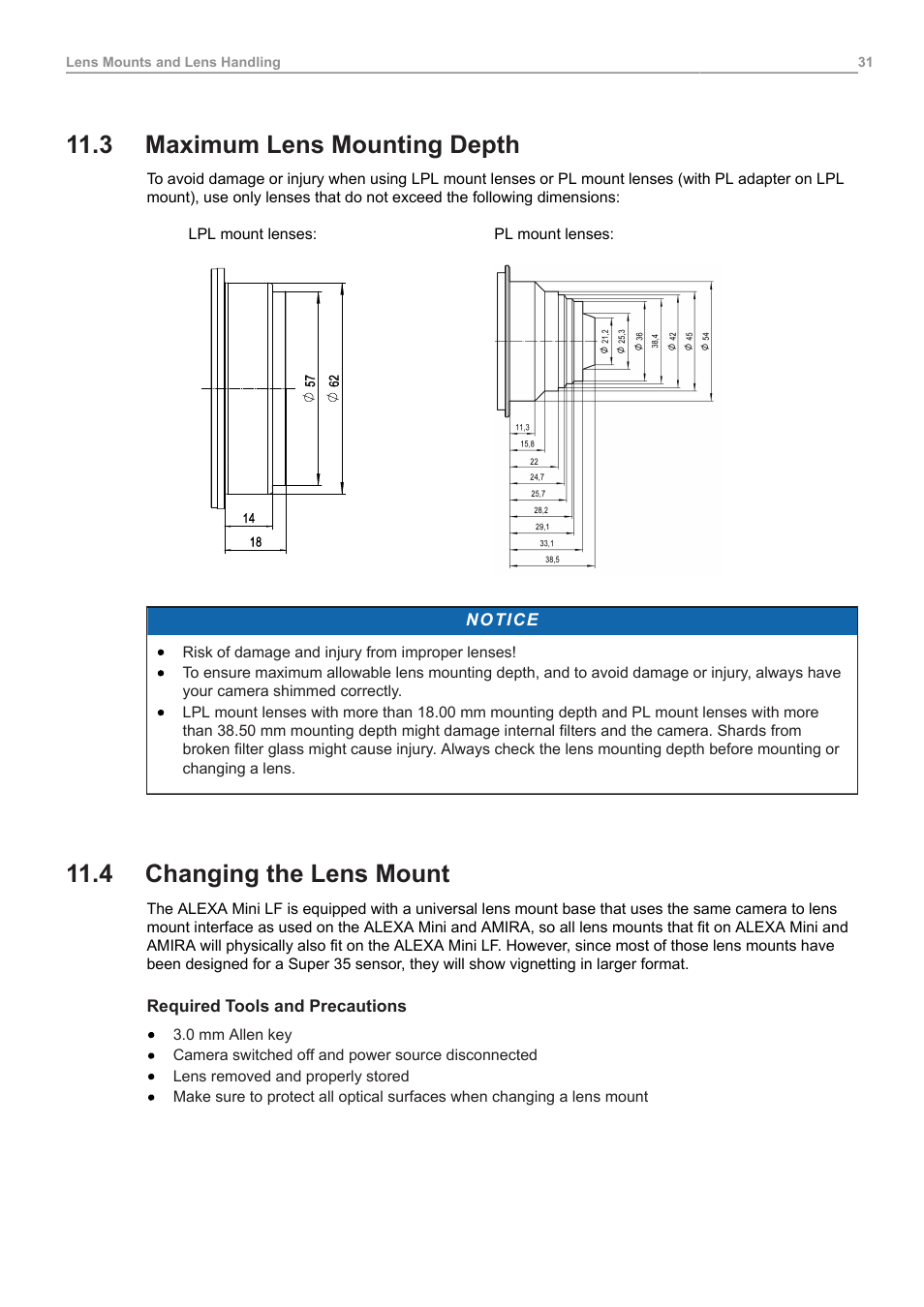 3 maximum lens mounting depth, 4 changing the lens mount, Maximum lens mounting depth | Changing the lens mount | ARRI ALEXA Mini LF Ready to Shoot V-Mount Set (LPL) User Manual | Page 31 / 136