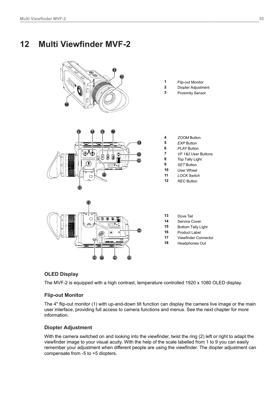 12 multi viewfinder mvf-2, Multi viewfinder mvf-2, Oled display | Flip-out monitor, Diopter adjustment | ARRI ALEXA Mini LF Ready to Shoot V-Mount Set (LPL) User Manual | Page 35 / 136