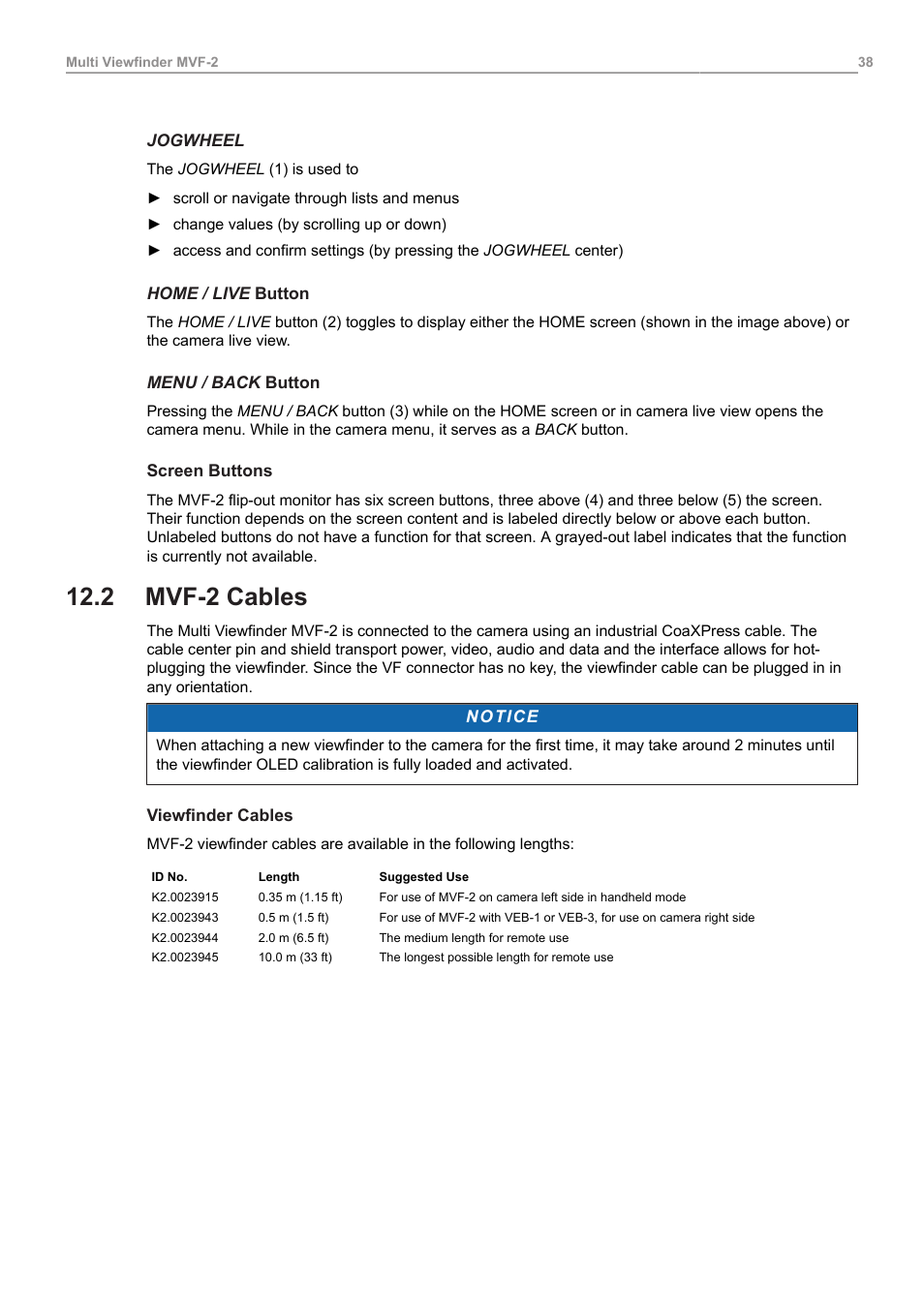 2 mvf-2 cables, Mvf-2 cables | ARRI ALEXA Mini LF Ready to Shoot V-Mount Set (LPL) User Manual | Page 38 / 136