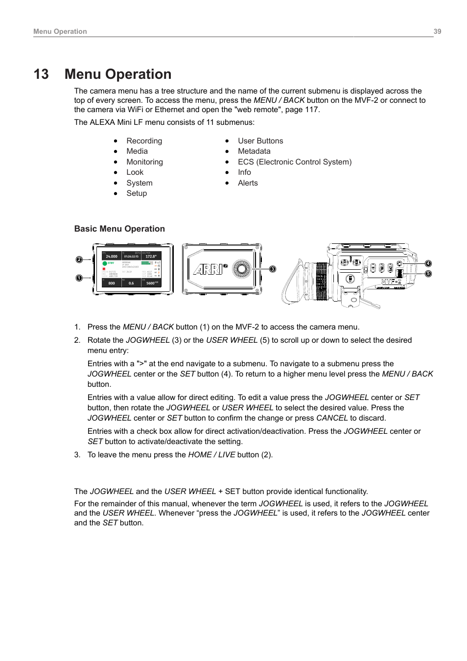 13 menu operation, Menu operation | ARRI ALEXA Mini LF Ready to Shoot V-Mount Set (LPL) User Manual | Page 39 / 136