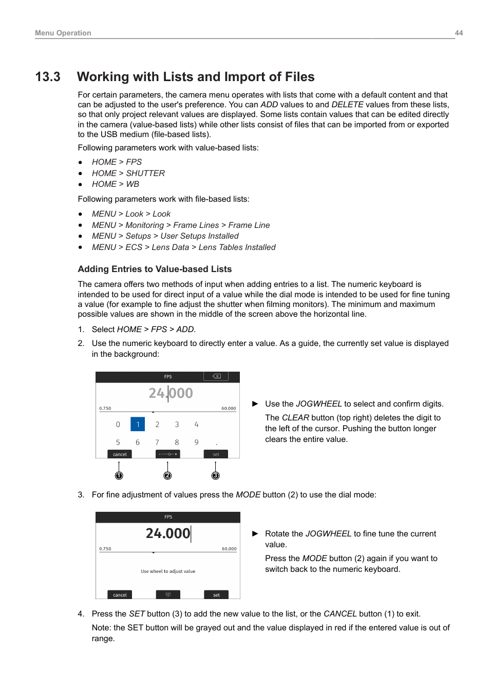 3 working with lists and import of files, Working with lists and import of files | ARRI ALEXA Mini LF Ready to Shoot V-Mount Set (LPL) User Manual | Page 44 / 136