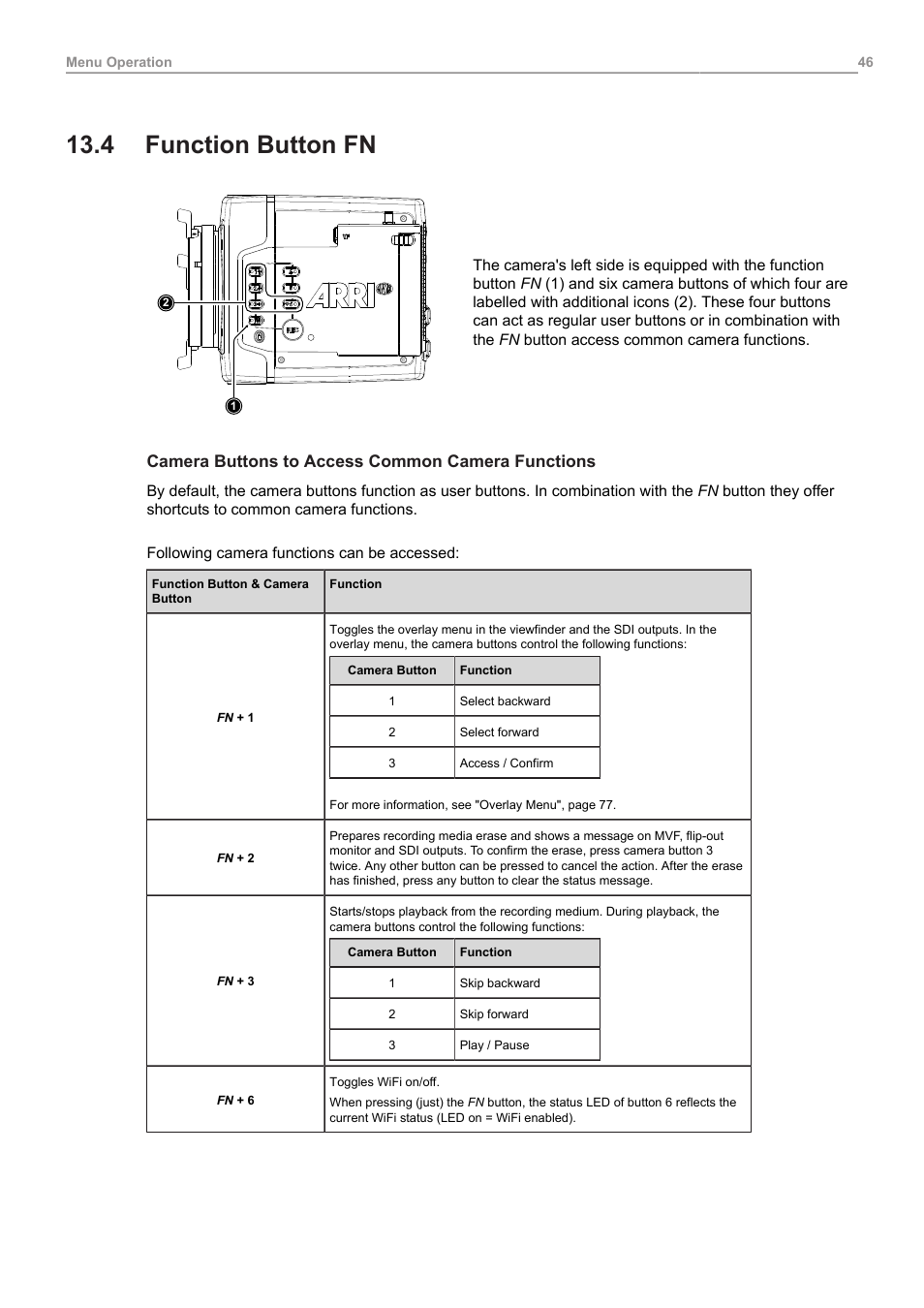 4 function button fn, Function button fn, Camera buttons to access common camera functions | ARRI ALEXA Mini LF Ready to Shoot V-Mount Set (LPL) User Manual | Page 46 / 136