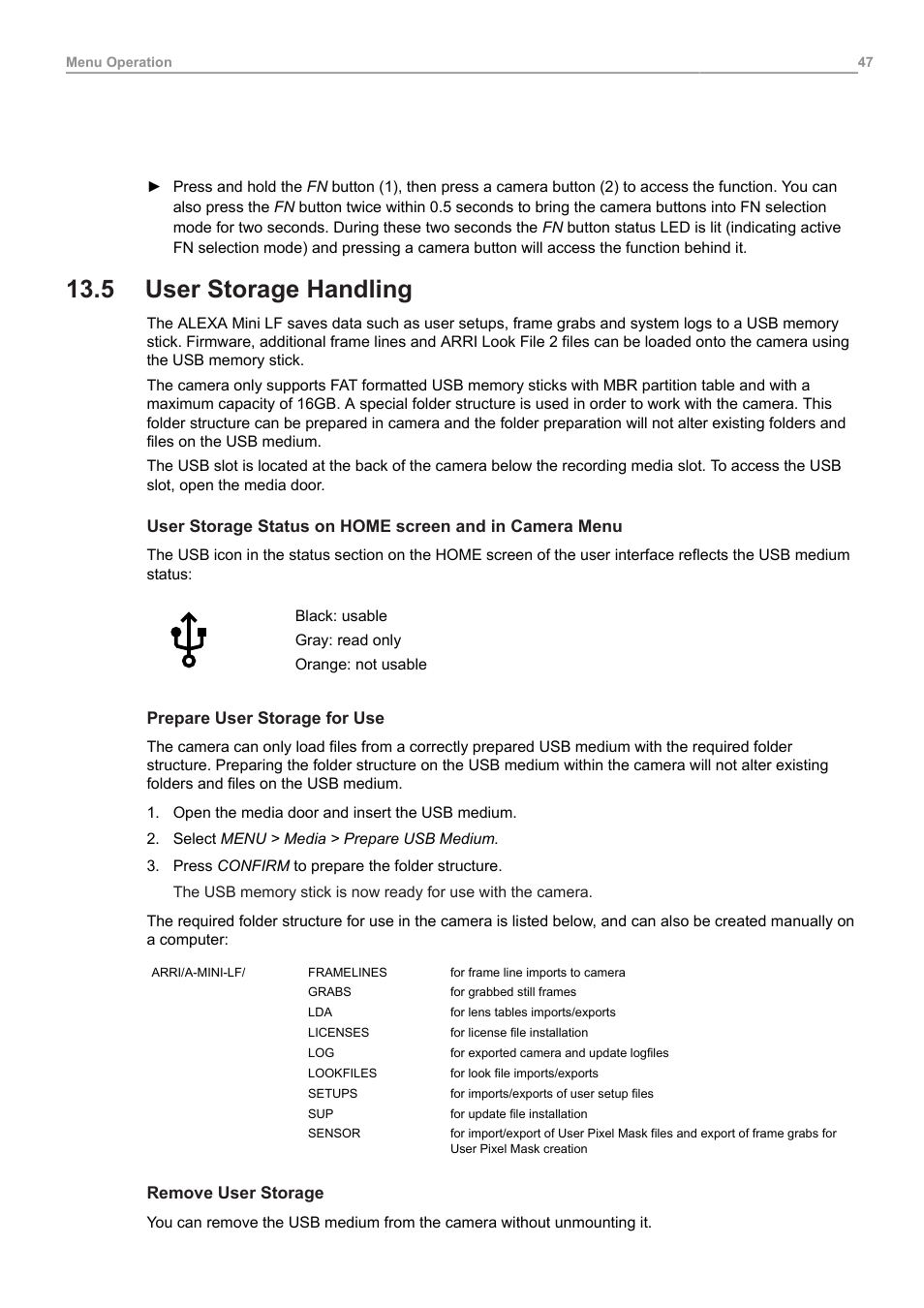 5 user storage handling, User storage handling, And "user | ARRI ALEXA Mini LF Ready to Shoot V-Mount Set (LPL) User Manual | Page 47 / 136