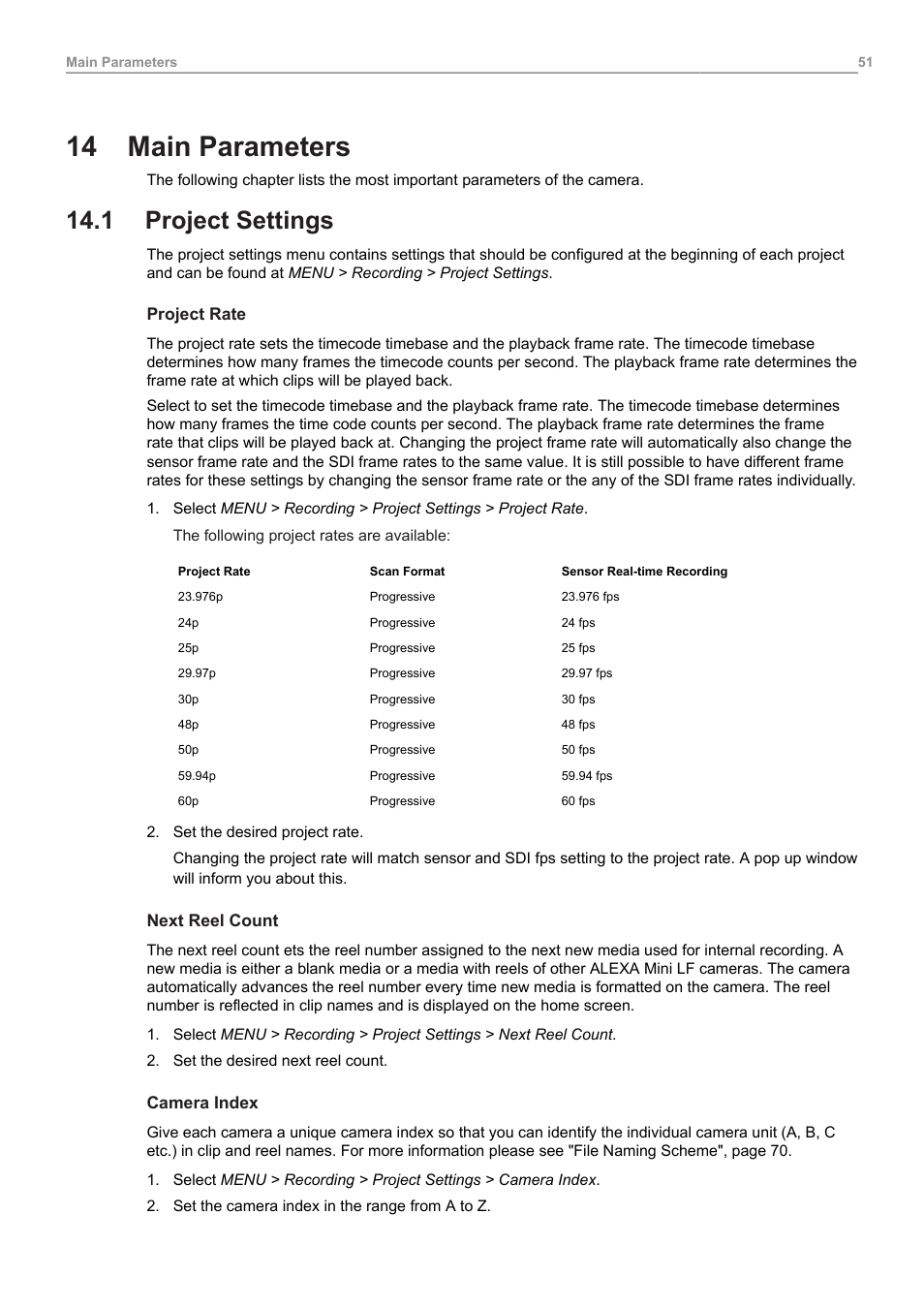 14 main parameters, 1 project settings, Main parameters | Project settings | ARRI ALEXA Mini LF Ready to Shoot V-Mount Set (LPL) User Manual | Page 51 / 136