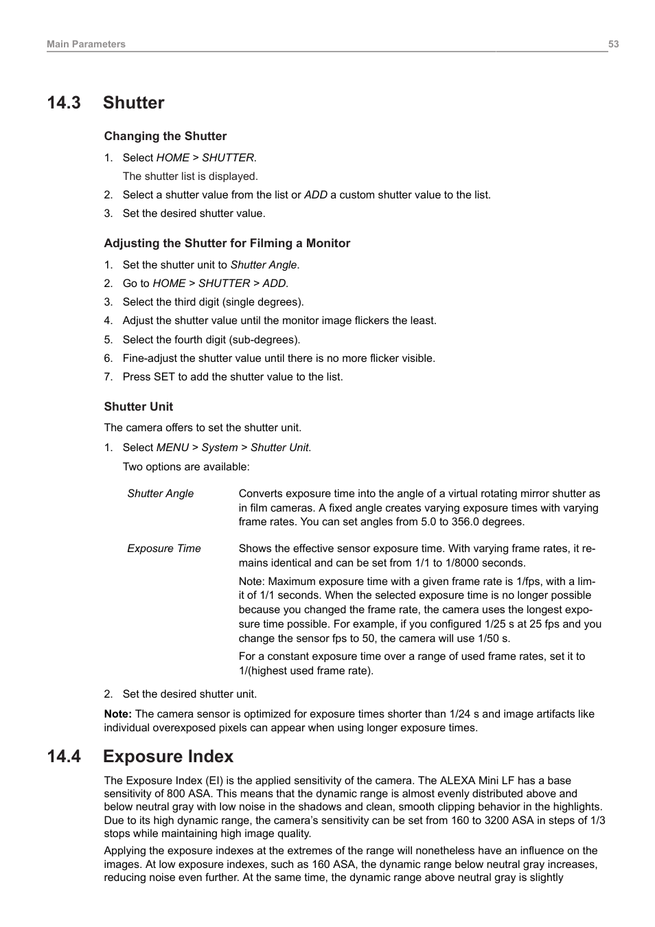 3 shutter, 4 exposure index, Shutter | Exposure index, Set the shutter of the sensor | ARRI ALEXA Mini LF Ready to Shoot V-Mount Set (LPL) User Manual | Page 53 / 136