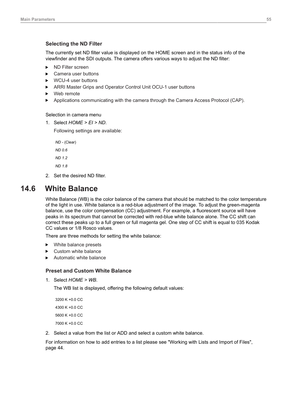 6 white balance, White balance | ARRI ALEXA Mini LF Ready to Shoot V-Mount Set (LPL) User Manual | Page 55 / 136