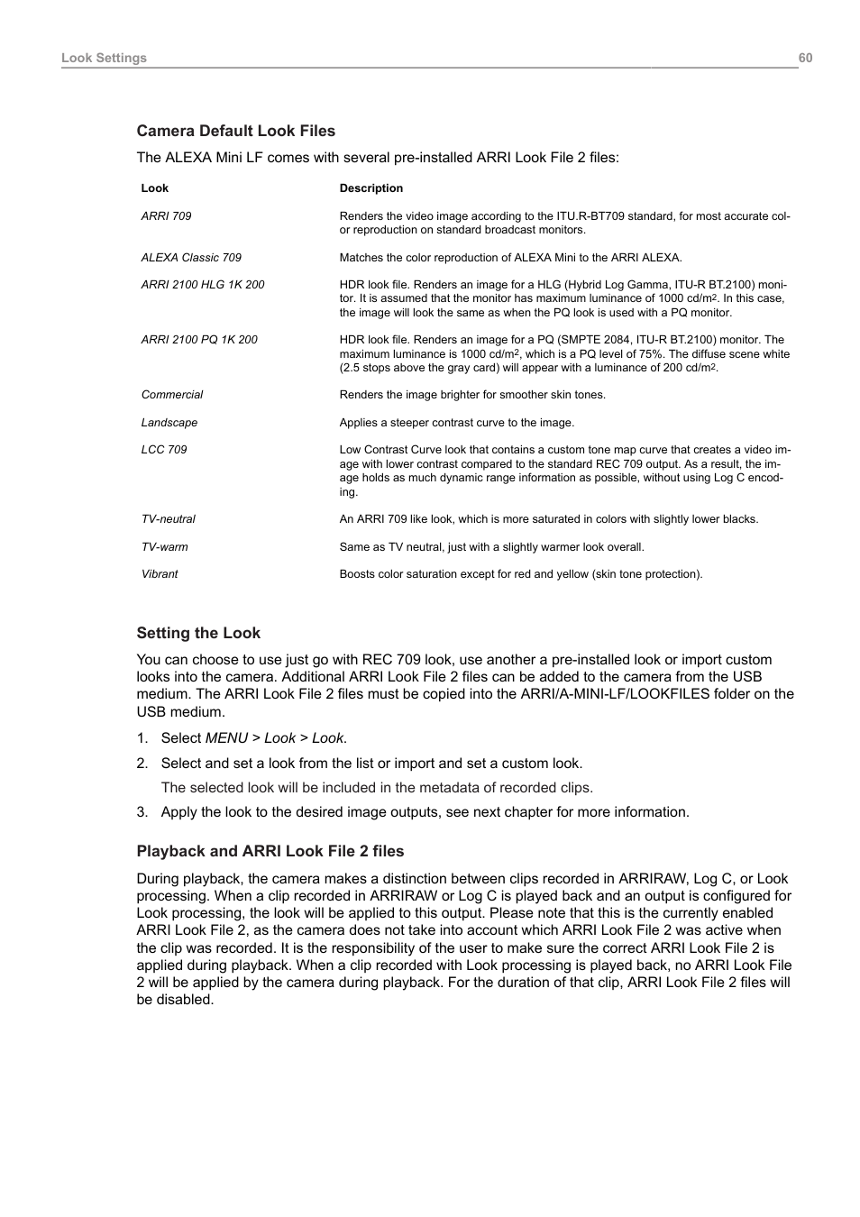 Camera default look files, Setting the look, Playback and arri look file 2 files | ARRI ALEXA Mini LF Ready to Shoot V-Mount Set (LPL) User Manual | Page 60 / 136