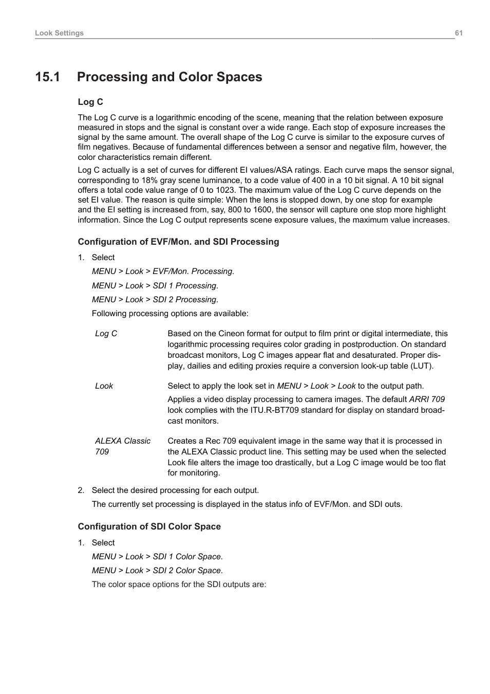 1 processing and color spaces, Processing and color spaces | ARRI ALEXA Mini LF Ready to Shoot V-Mount Set (LPL) User Manual | Page 61 / 136