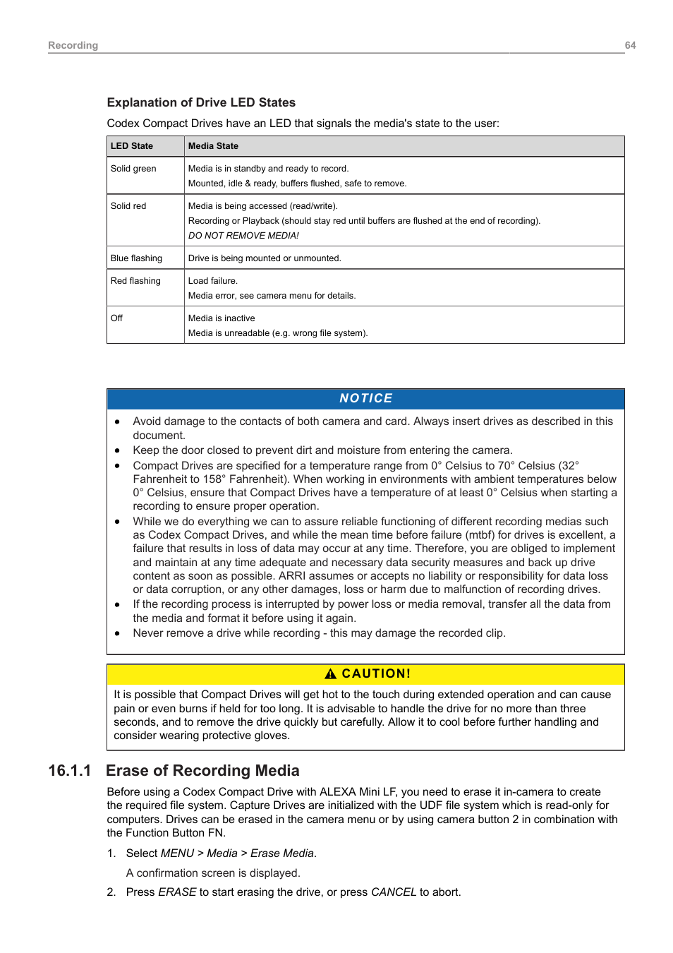 1 erase of recording media, Erase of recording media | ARRI ALEXA Mini LF Ready to Shoot V-Mount Set (LPL) User Manual | Page 64 / 136