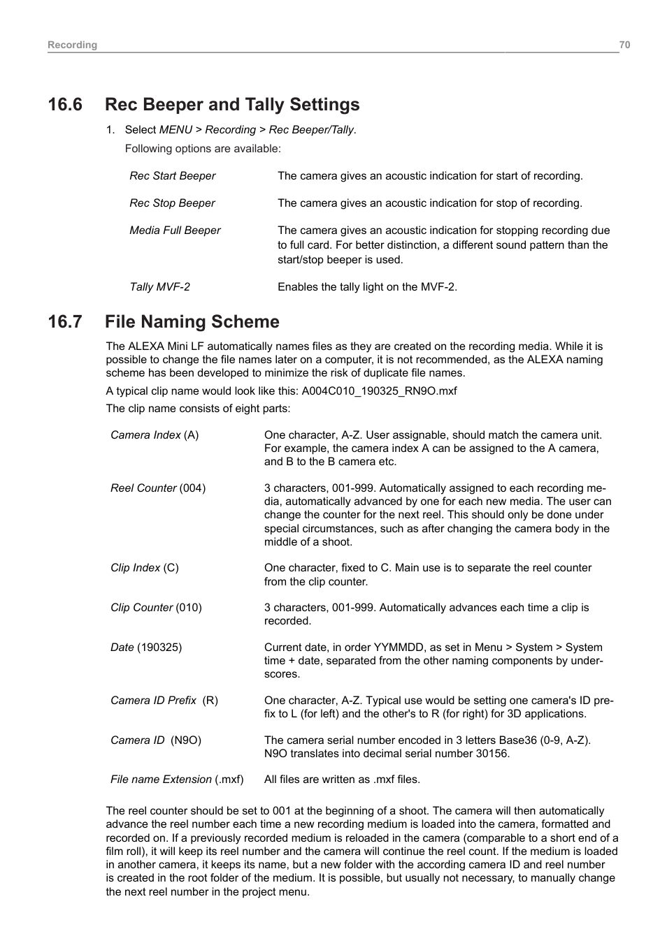 6 rec beeper and tally settings, 7 file naming scheme, Rec beeper and tally settings | File naming scheme | ARRI ALEXA Mini LF Ready to Shoot V-Mount Set (LPL) User Manual | Page 70 / 136